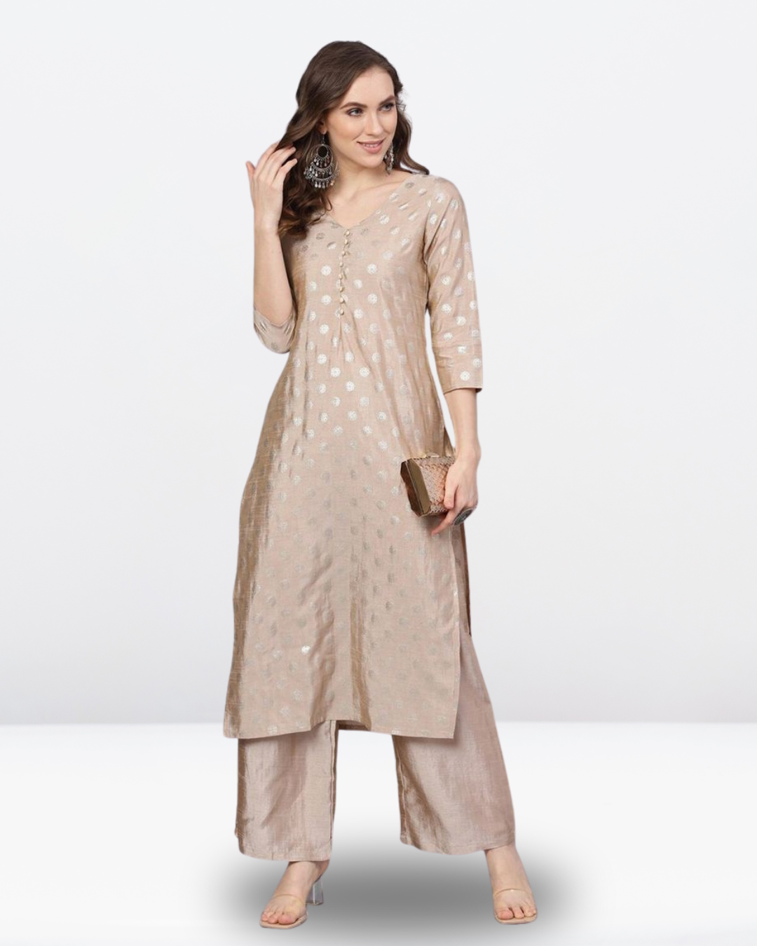 Beige Cotton Blend Straight Kurta Palazzo Suit Set
