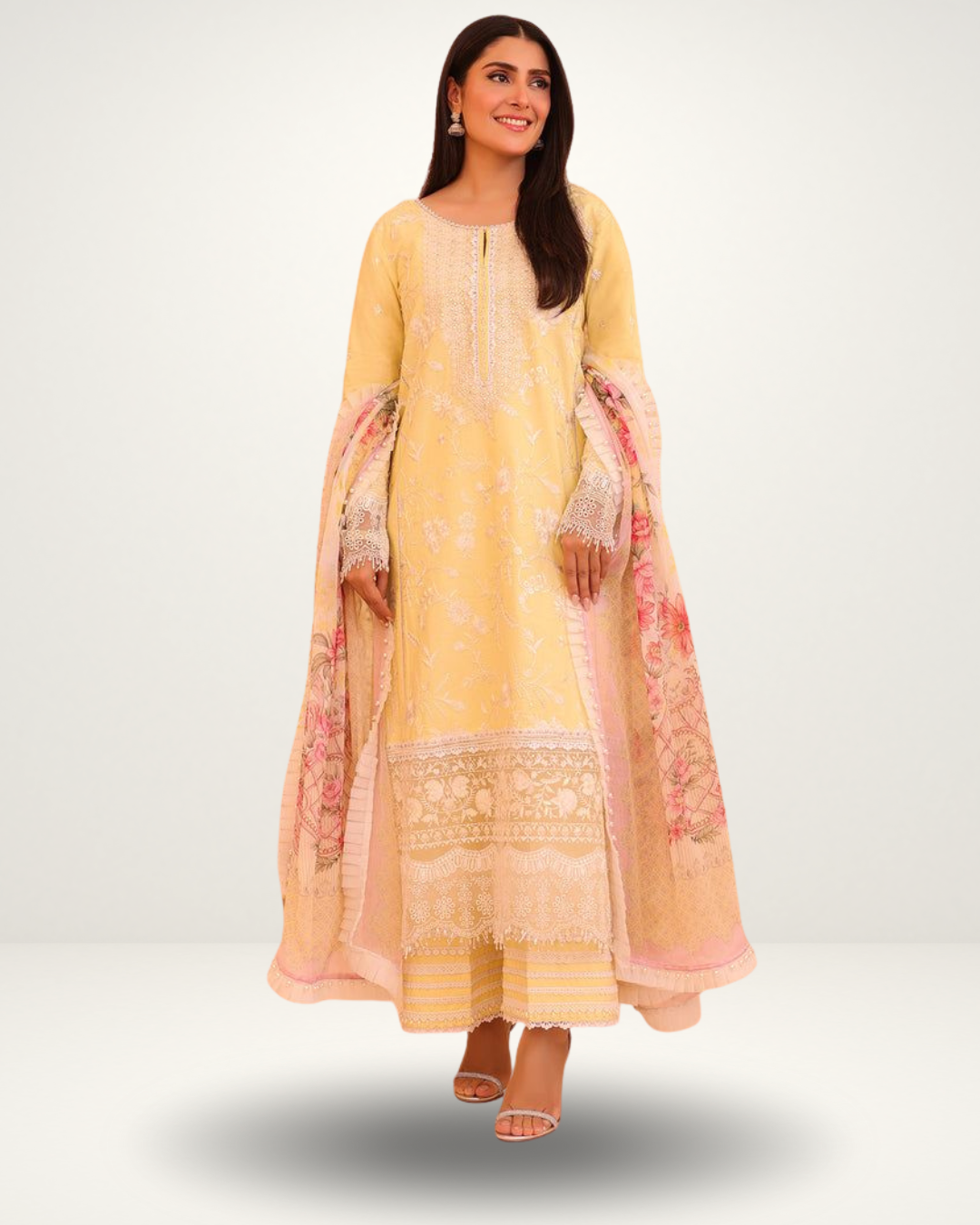 Lime Yellow Schiffli Embroidered Straight Suit Set