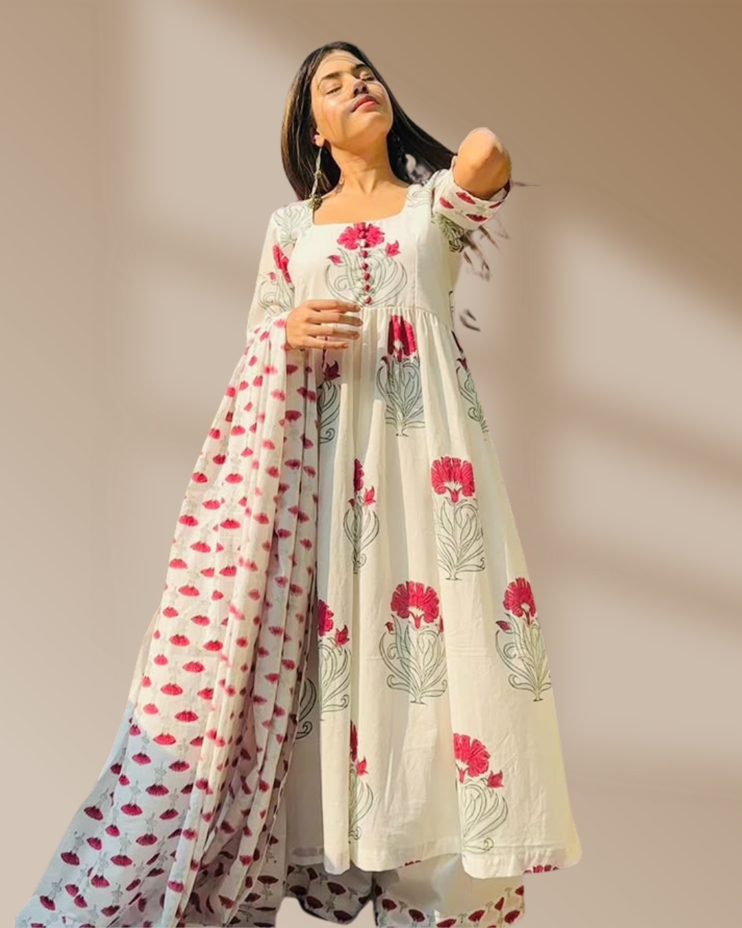 Off-White Cotton Printed Anarkali Suit Set