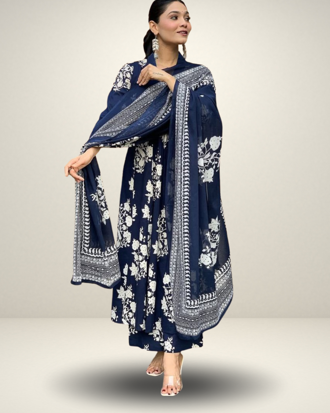 Navy Cotton Anarkali Printed Suit Set