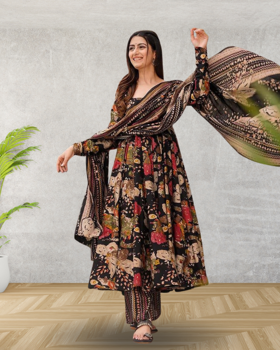 Black Floral Printed Festive Anarkali Suit Set