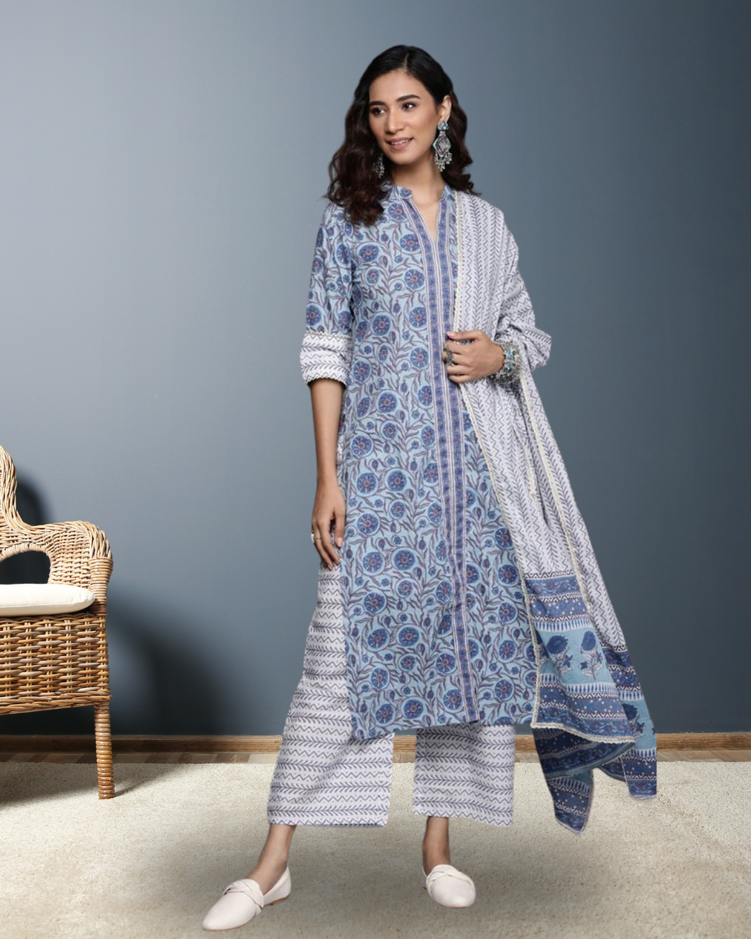 Beige and Blue Printed Front Open Kurta Set