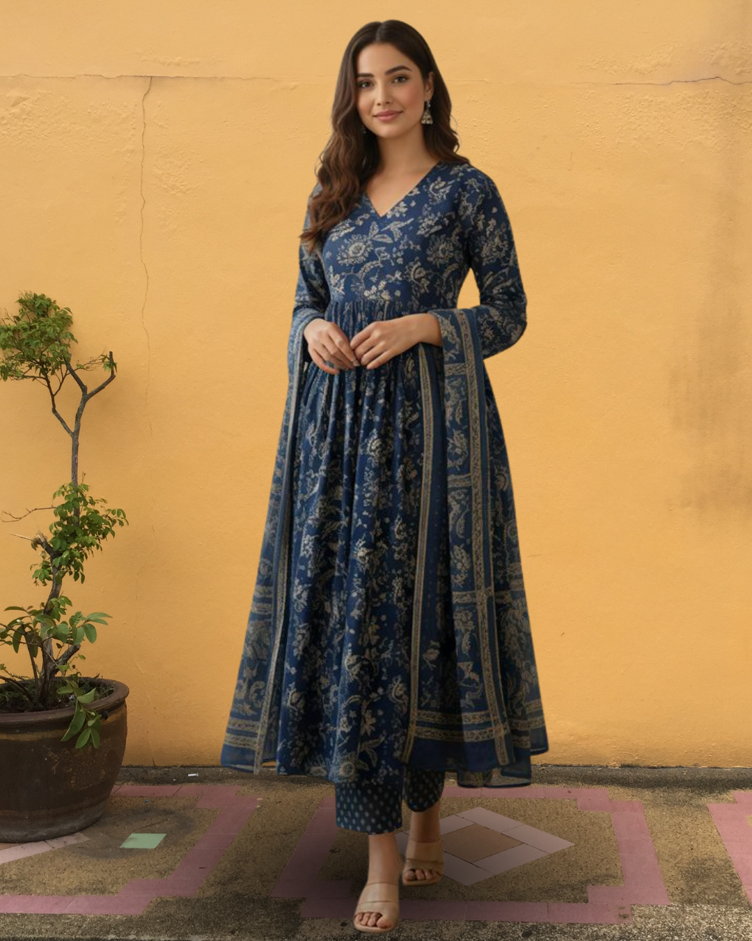 Indigo Modal Printed Angrakha Gathered Suit Set