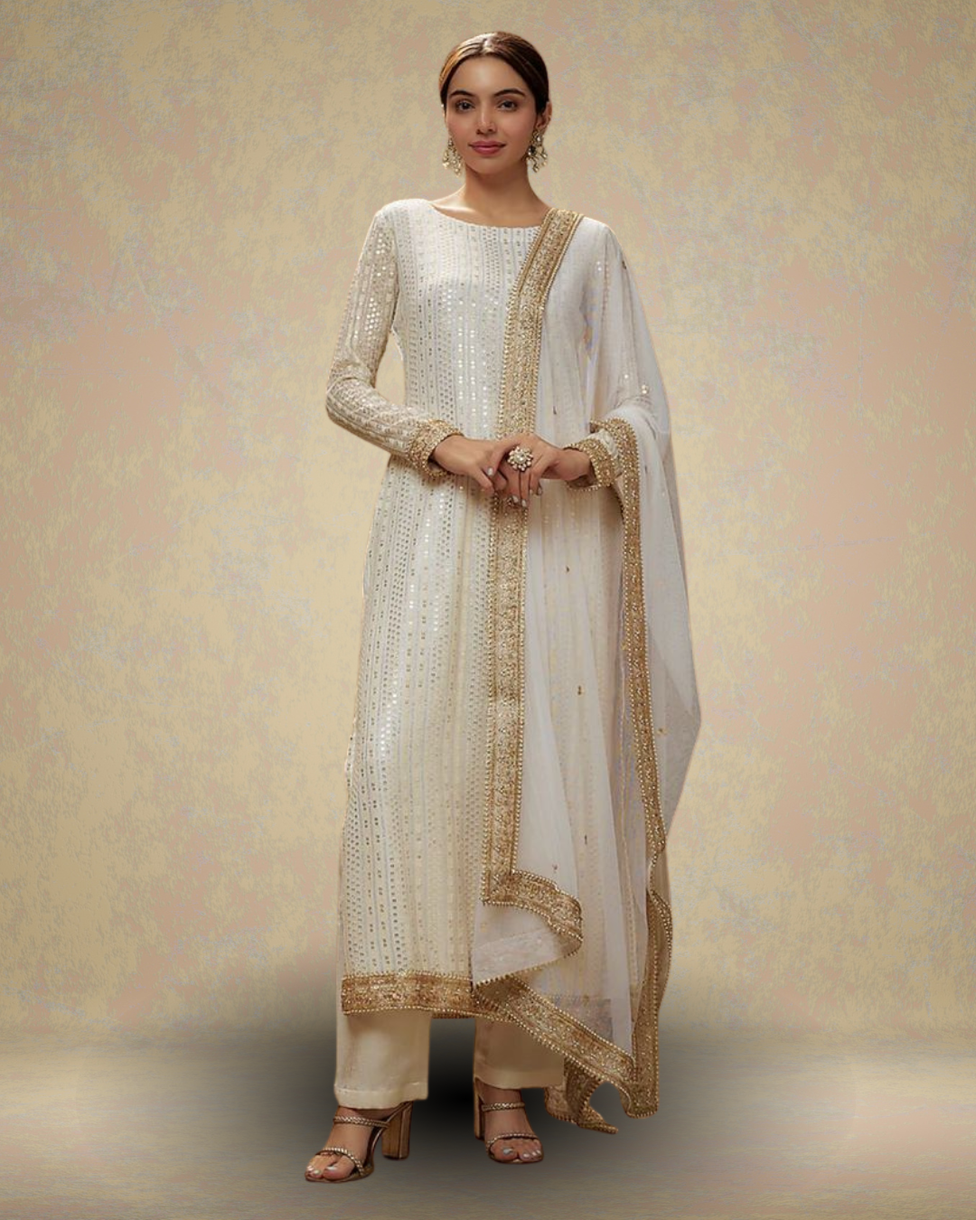 Cream-Colored Cotton Foil Printed Kalidar Suit Set