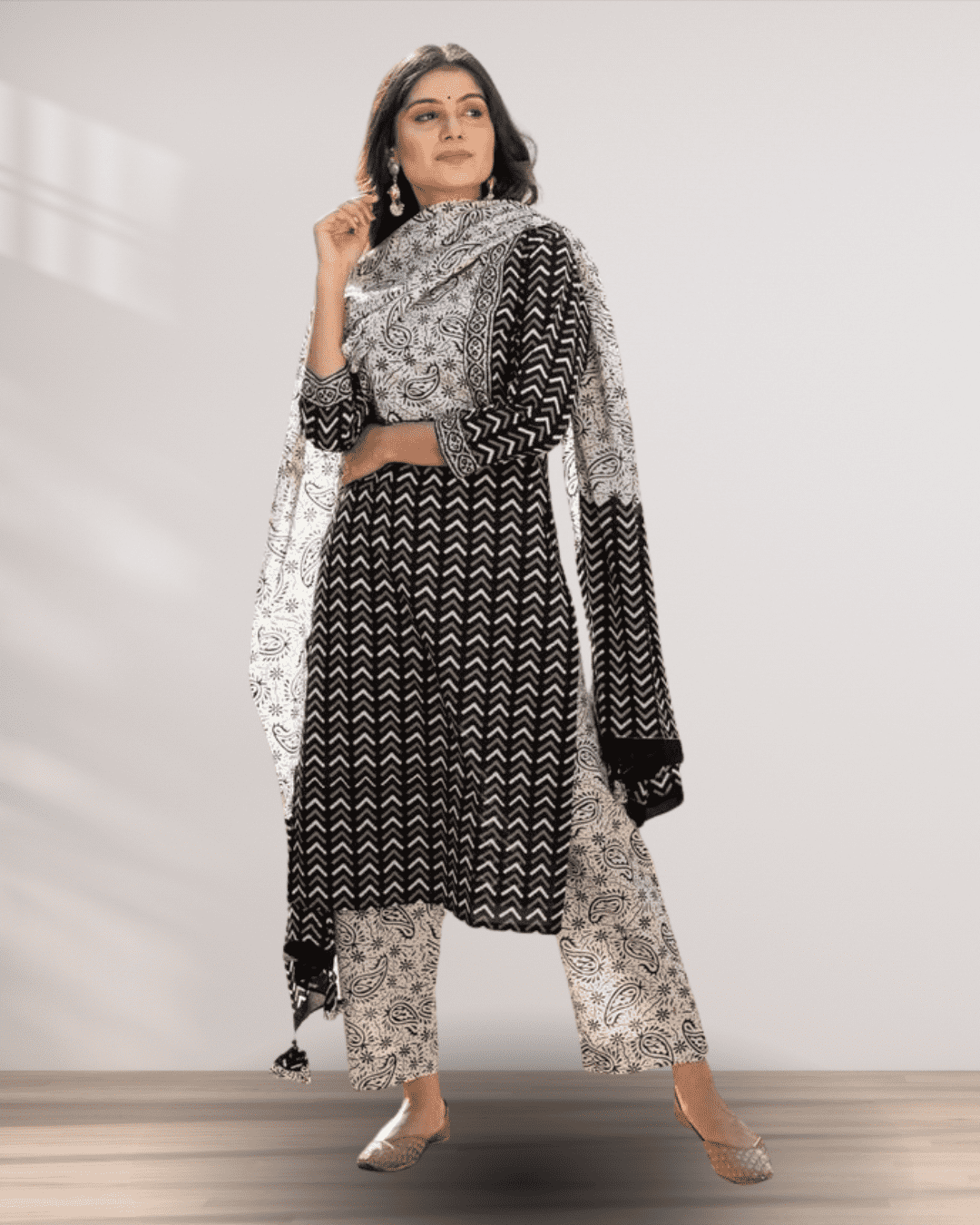 White and Black Cotton Printed Anarkali Fusion Set