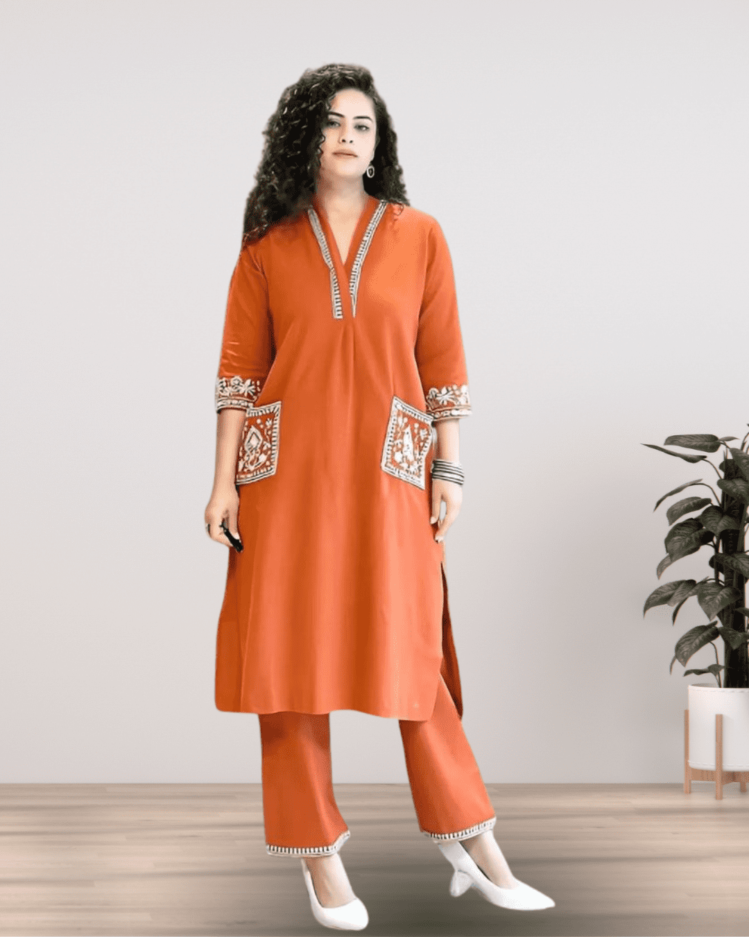 Orange Cotton Blend Schiffli Straight Kurta Set