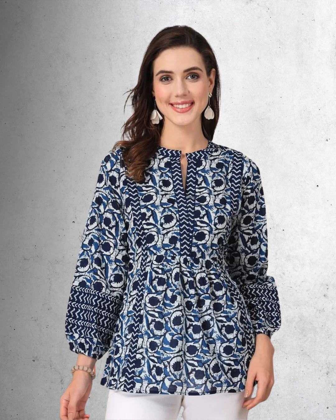 Indigo Cotton Floral Straight Short Kurta
