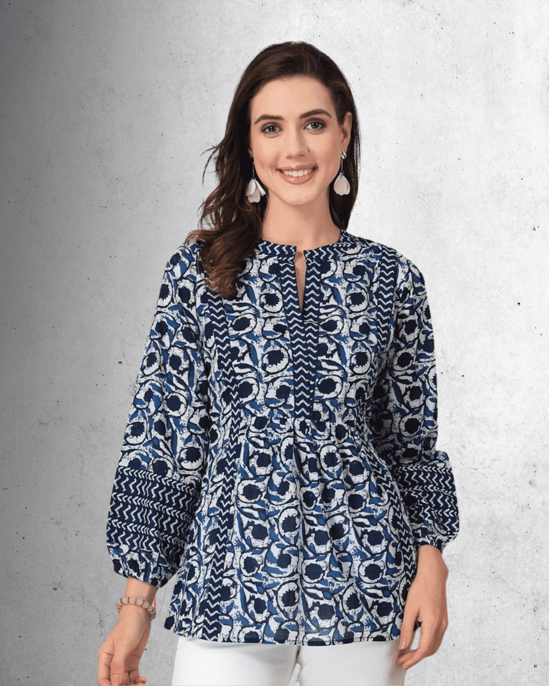 Indigo Cotton Floral Straight Short Kurta