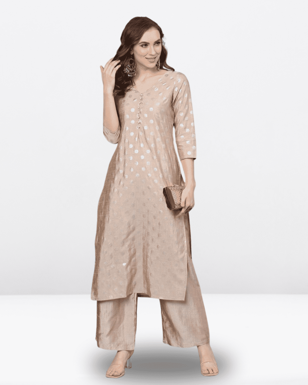 Beige Cotton Blend Straight Kurta Palazzo Suit Set