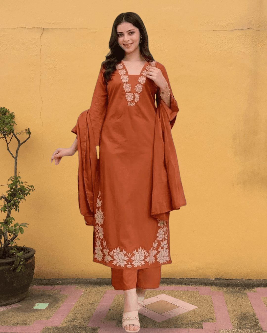 Rust Printed Straight Suit Set