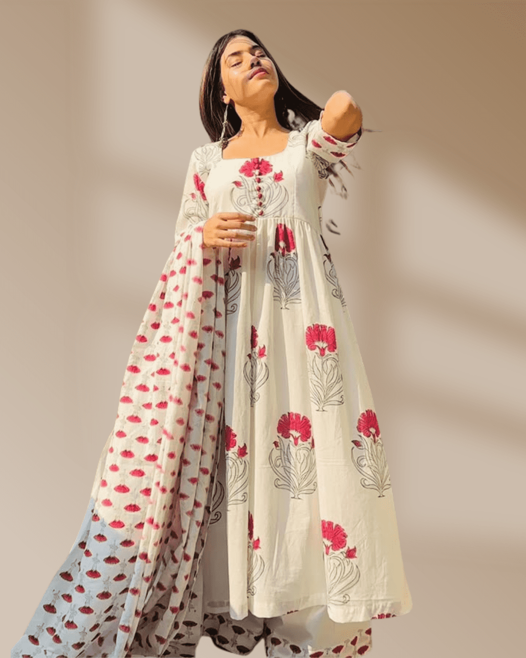 Off-White Cotton Printed Anarkali Suit Set