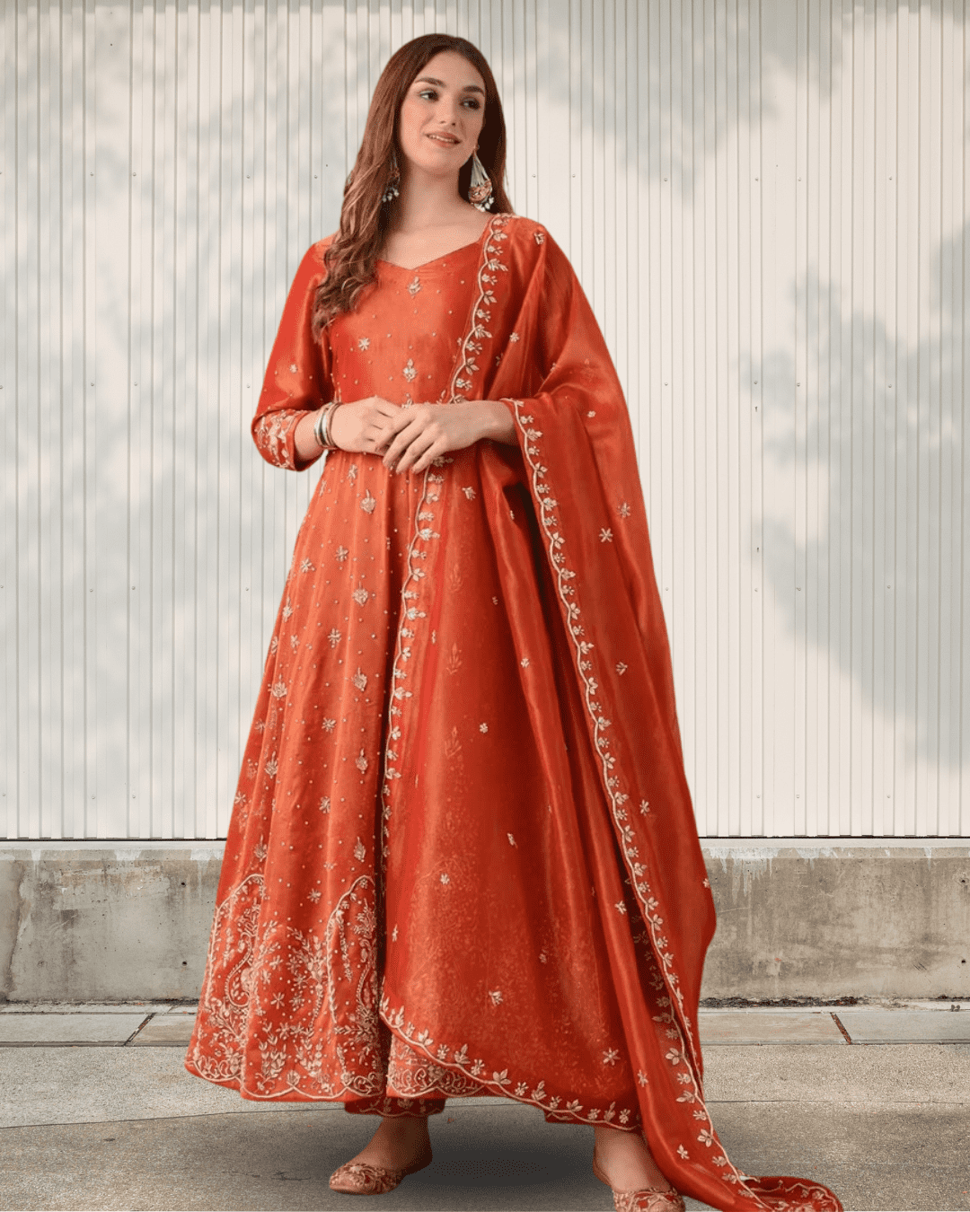 Rust Embroidered Angrakha Festive Anarkali Suit Set