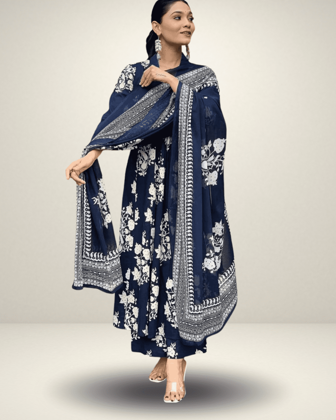 Navy Cotton Anarkali Printed Suit Set