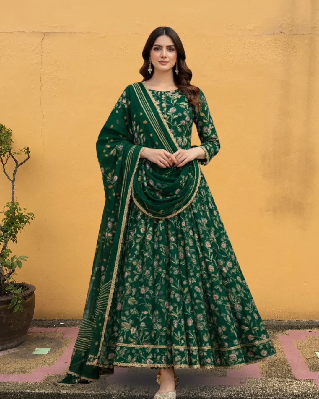 Dark Green Shantoon Printed Anarkali Suit Set