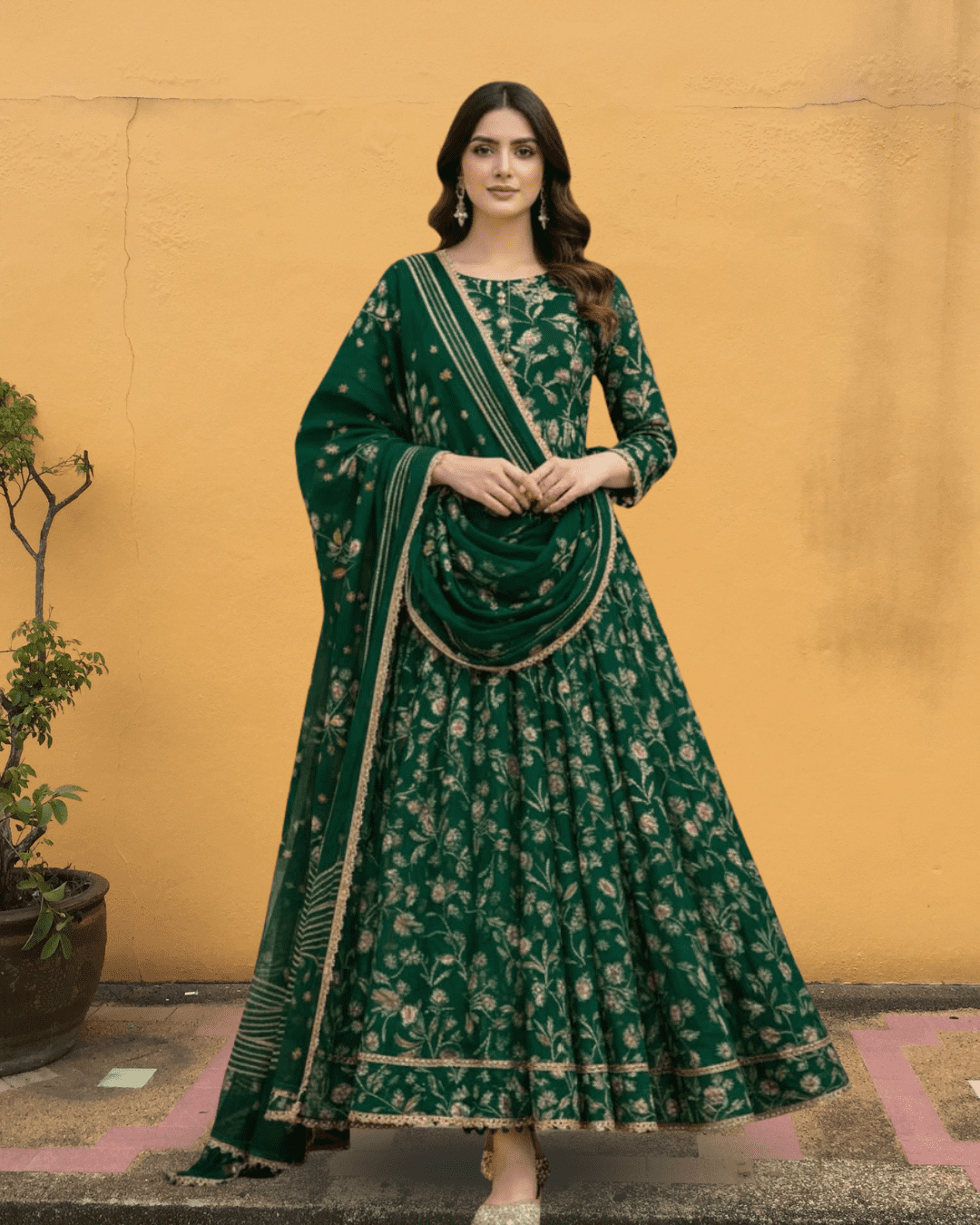 Dark Green Shantoon Printed Anarkali Suit Set