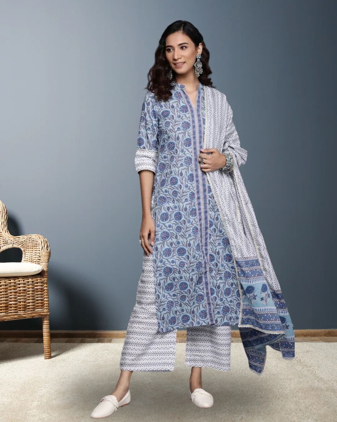Beige and Blue Printed Front Open Kurta Set