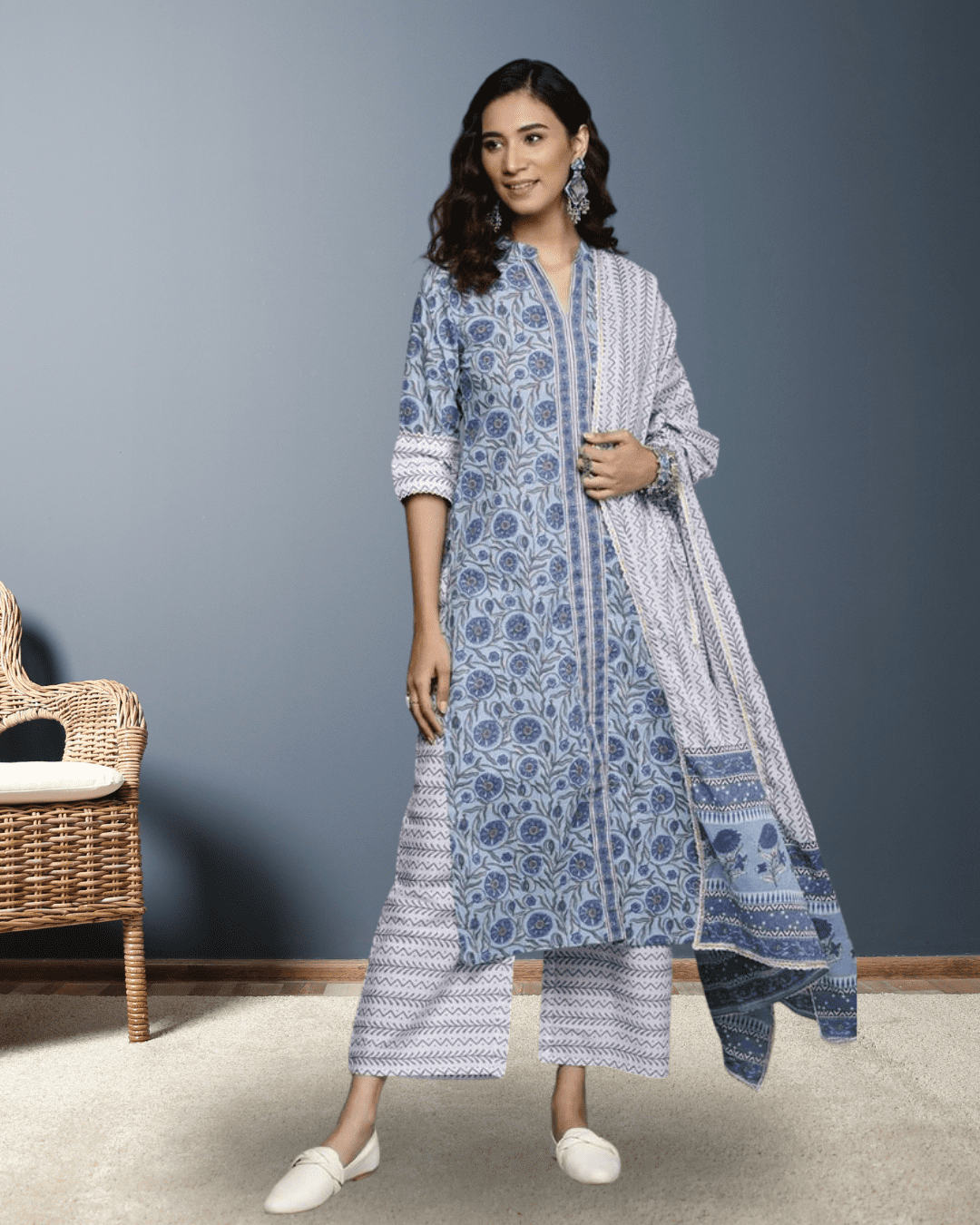 Beige and Blue Printed Front Open Kurta Set