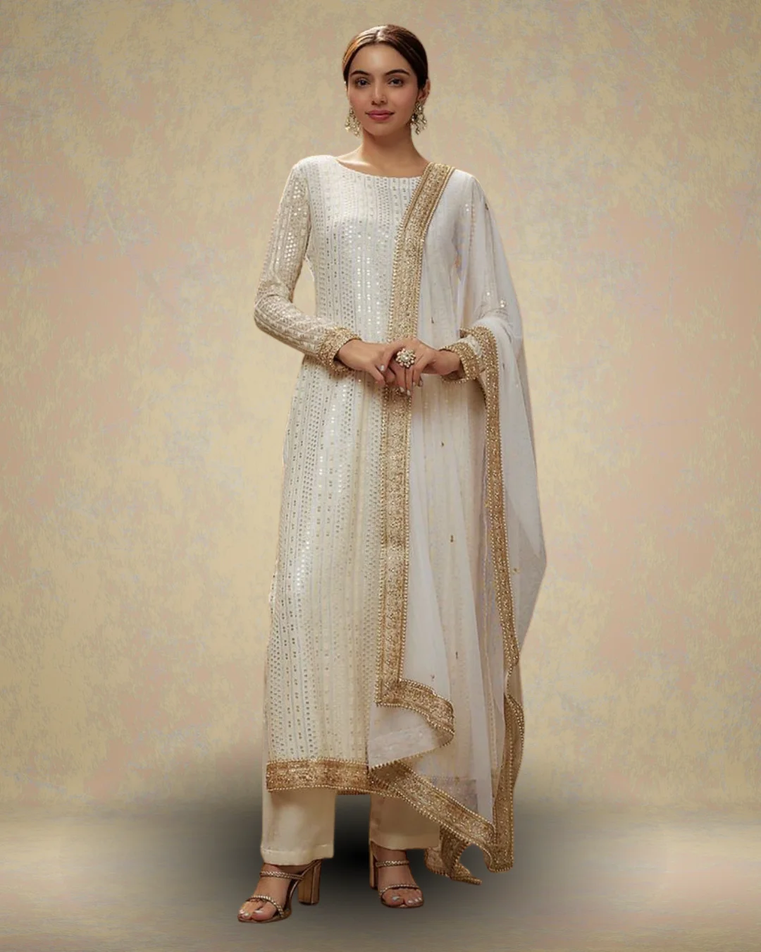 Cream-Colored Cotton Foil Printed Kalidar Suit Set