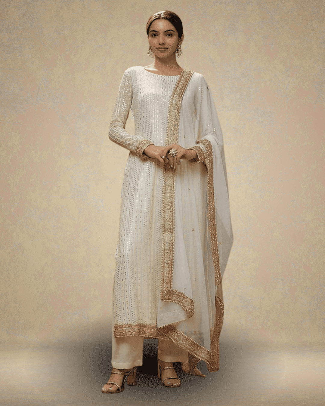 Cream-Colored Cotton Foil Printed Kalidar Suit Set