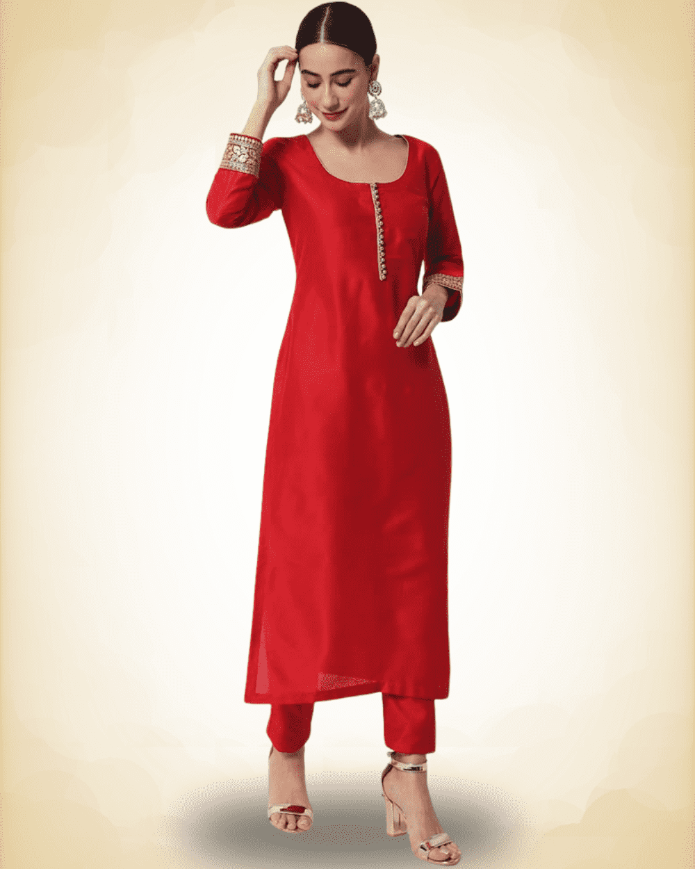 Red Art Silk Straight Kurta Set